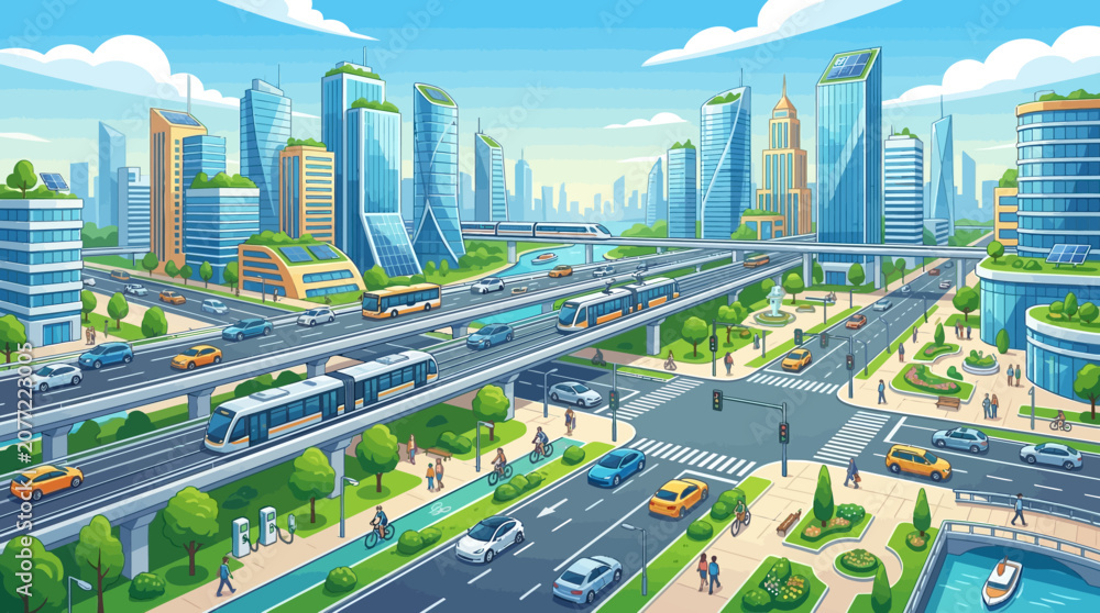 Obraz premium Futuristic Cityscape: Eco-friendly Transport, Modern Architecture, Smart City Life