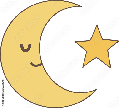 Cute Hand Drawn Sleeping Crescent Moon and Star Night Weather Illustration with Soft Yellow Color