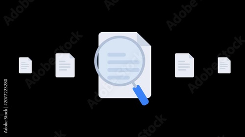 animated document search with magnifying glass and transparent background