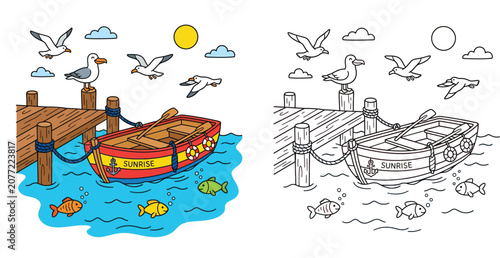 Canvas Print Coloring page for kids with a cute cartoon boat tied to a wooden pier by the sea