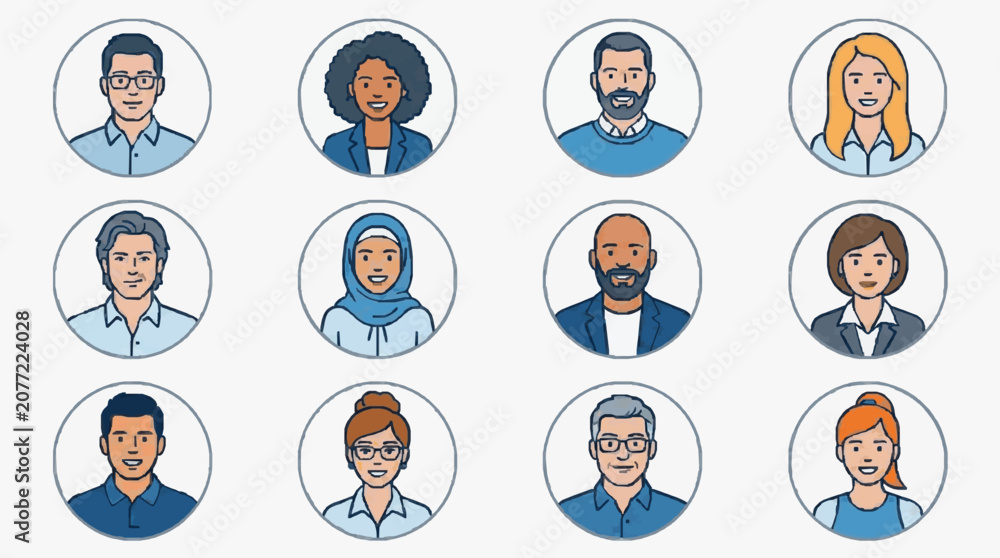 Fototapeta premium Professional Diverse Team Icons Set of 12 Smiling Individuals in Business Attire with Headphones and Glasses