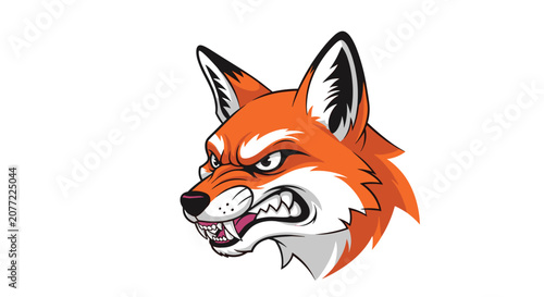 Fierce snarling fox head mascot logo with sharp teeth and an angry expression on a clean white background for branding.