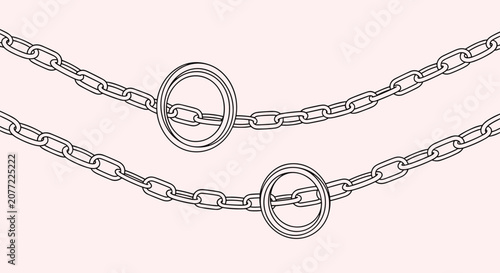 Elegant jewelry design featuring interlocking silver chains and large circular rings on a soft pink background for fashion concepts.