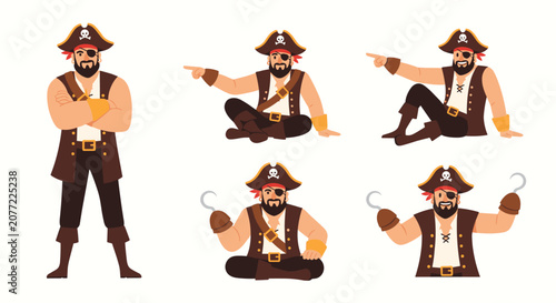 Set of pirate character illustrations showing different poses such as standing, sitting, and showing off a hook hand.