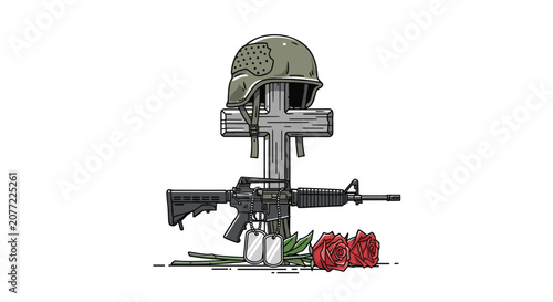Military memorial illustration showing a soldiers helmet resting on a wooden cross with an assault rifle, dog tags, and red roses on the ground.