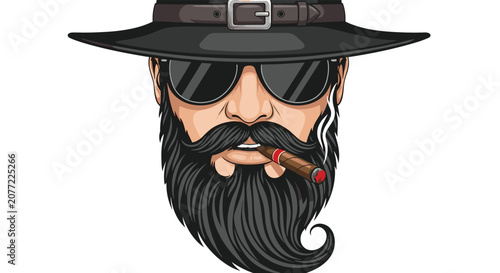 Cool bearded man wearing a stylish hat and sunglasses while smoking a cigar with smoke rising against a clean white background.