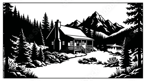 Black and white cabin in snowy mountain landscape