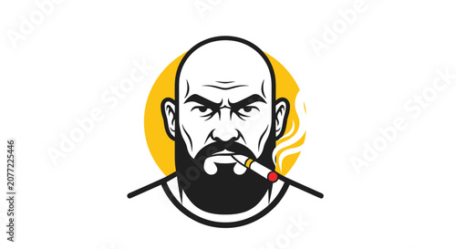 Tough portrait of a bald man with a thick black beard wearing a serious expression and smoking a cigarette or cigar.