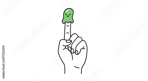 Playful illustration of a human hand with a index finger pointed up and a cute little green slime character on top.