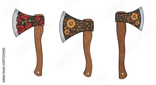 Set of three wooden handle axes decorated with intricate red and yellow floral patterns on a white background for folk art.