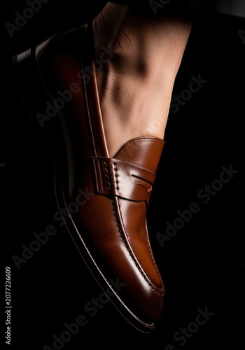 Brown leather dress shoe detail.