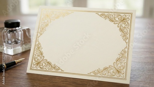 Blank elegant invitation card with gold floral borders on wooden table