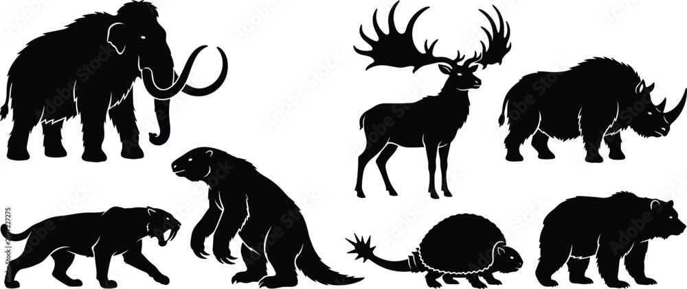 Naklejka premium Prehistoric Ice Age Megafauna Animal Black Silhouette Icon Set Featuring Woolly Mammoth, Saber Toothed Tiger, Glyptodon, and Megaloceros for Vector Designs