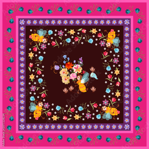 Cute cartoon bees with bouquets of flowers and buckets of honey in ornamental...