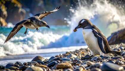Two black cormorants perched on rocky shore with wings spread.
