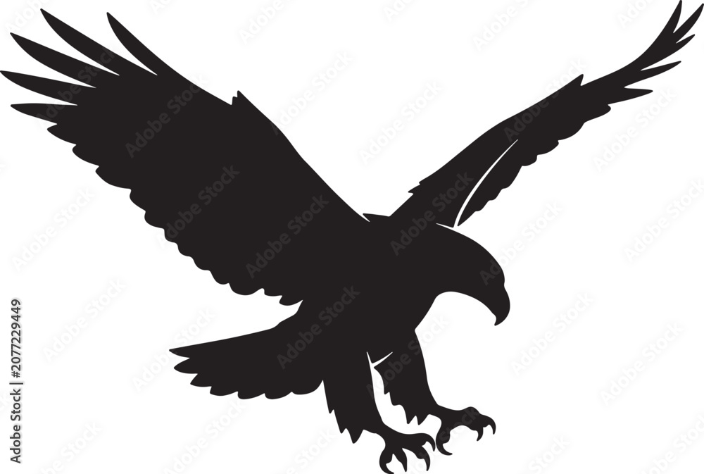 Fototapeta premium Black silhouette of a bald eagle in flight with wings spread wide, isolated on a plain white background, style bird also transparent background