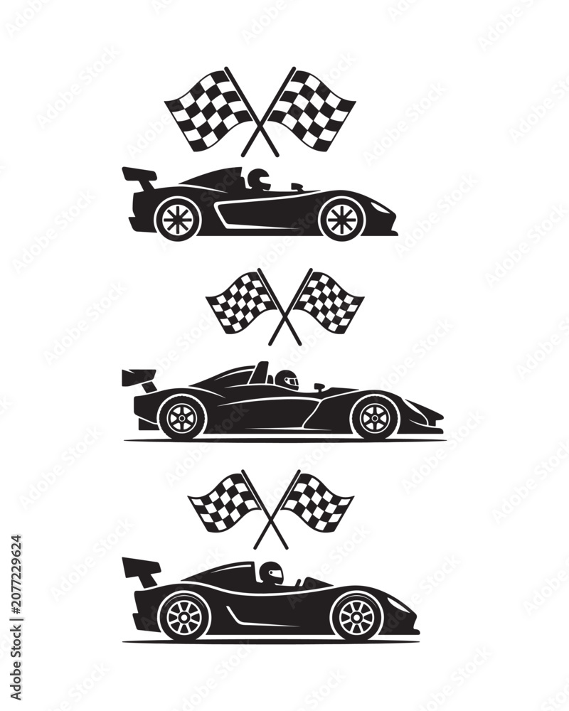 Obraz premium Set of three black silhouette featuring side views of race cars with drivers and crossed checkered finish line flags above each vehicle also transparent background