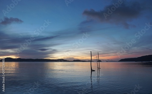 Bilde på lerret Wooden posts for mooring boats; a backdrop to the sea in the morning