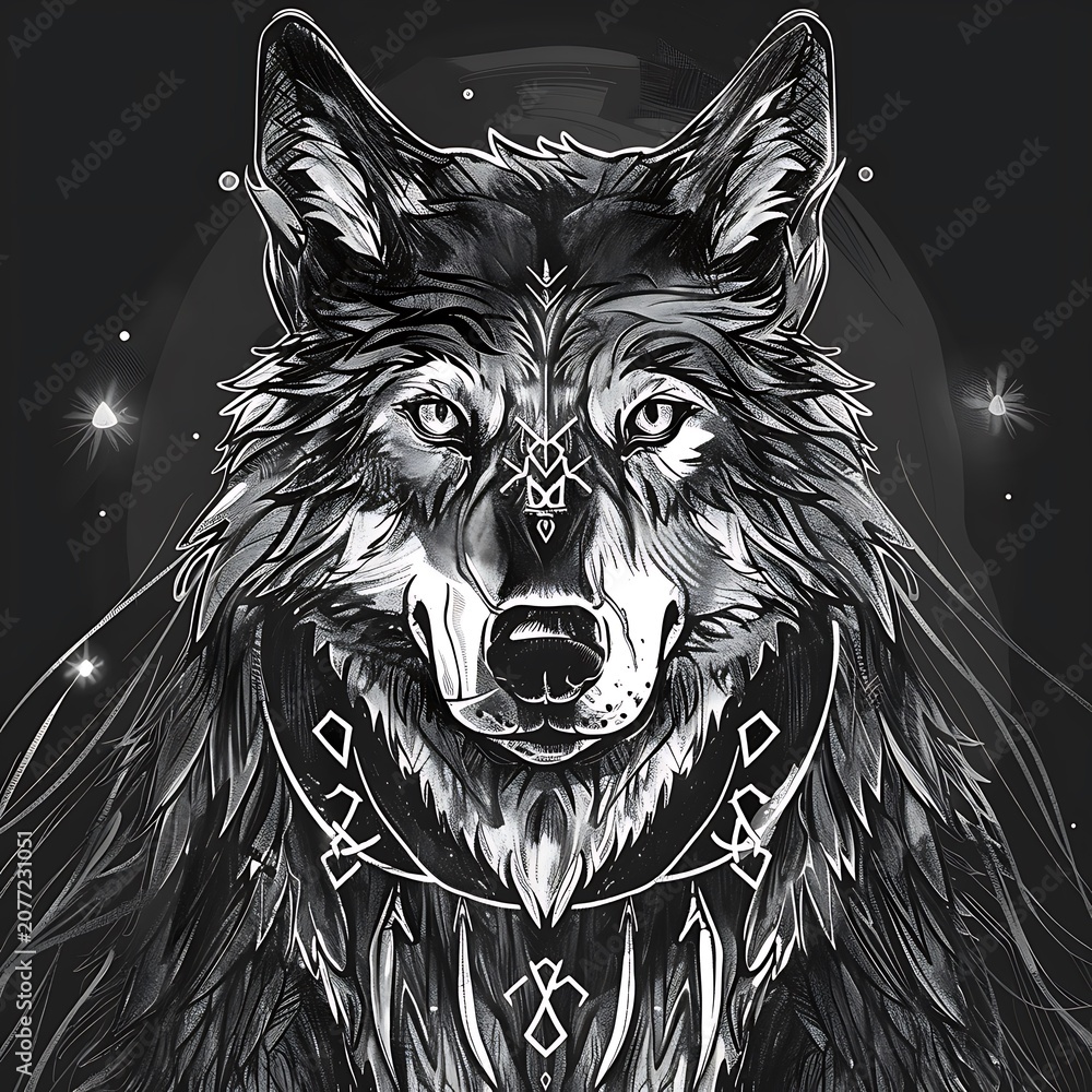 Obraz premium Mystical wolf portrait with symbolic runes and glowing patterns on a dark background