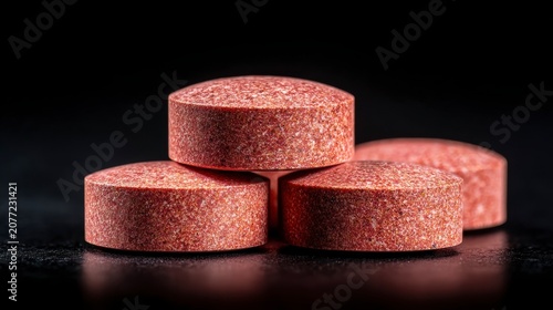 Stack of red medicinal pills with textured surface resting on dark reflective table in macro detail