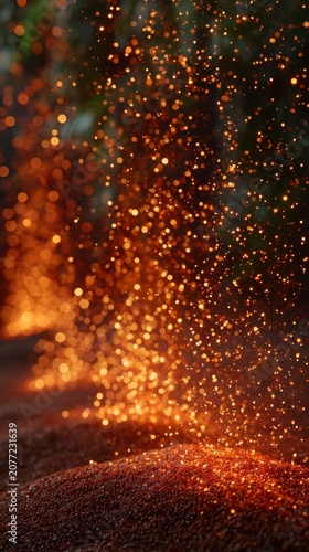 Dazzling golden light sparks and particles floating in air above a dark textured surface with deep bokeh effect
