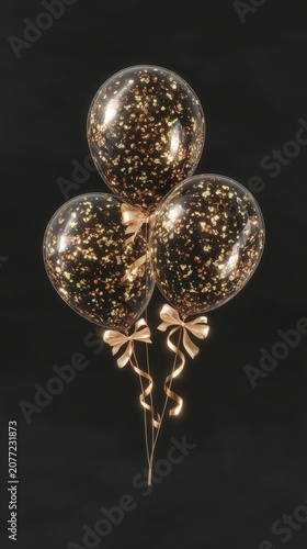 Three transparent balloons filled with shiny gold confetti and ribbons isolated on black background