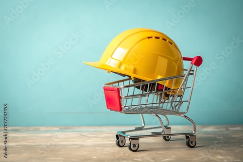 Yellow construction helmet resting in a shopping cart against a blue background, symbolizing safety and consumerism