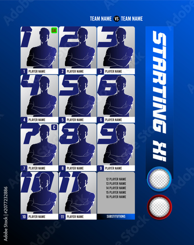 Football starting XI lineup vector template featuring soccer match player formation poster design with smooth blue gradient background and jersey number slots.