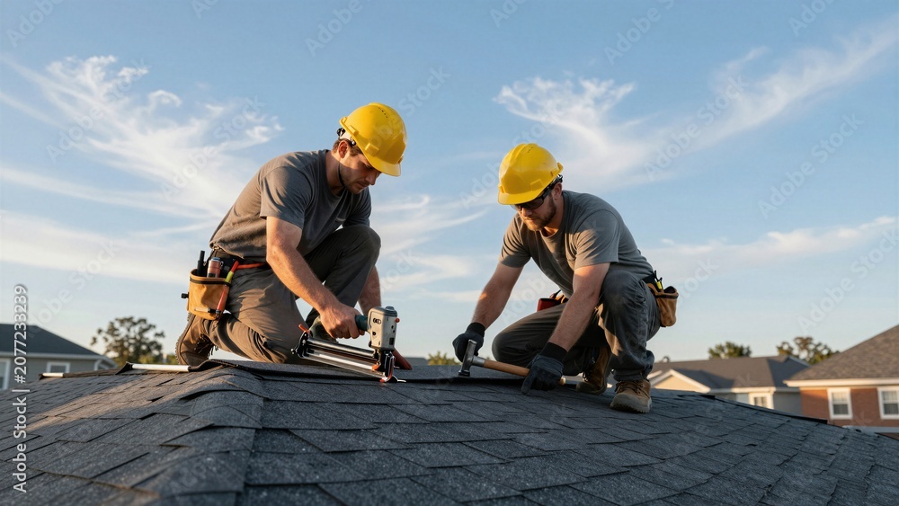 Fototapeta premium Two professional roofers wearing yellow hard hats and tool belts work together to repair shingles on a residential rooftop under a clear blue sky.