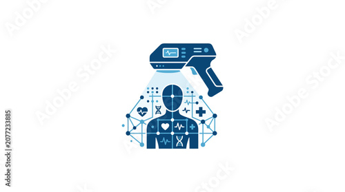 Digital medical scanner analyzing human body health data silhouette.