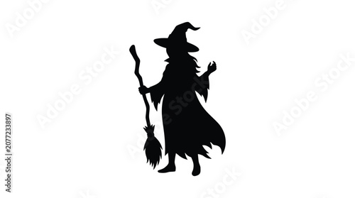 Obraz na plátně Witch with broom and pointed hat black silhouette sorceress wizard magic spellca