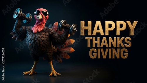 3D Turkey Bodybuilder Lifting Dumbbells Wearing Sunglasses, Happy Thanksgiving Holiday Concept with Gold Text Design