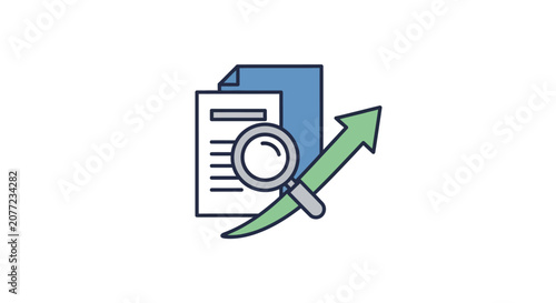 Financial document analysis with rising green growth arrow