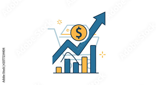 Financial growth chart with dollar coin and upward arrow.