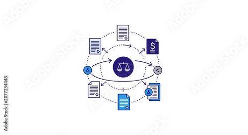 Financial law compliance icons with scales of justice.