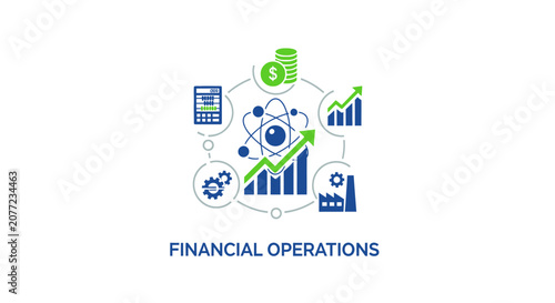 Financial operations logo with atom and business icons.