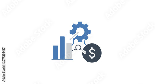 Financial management icon with cogwheel and bar chart.