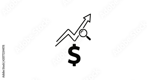 Financial profit analysis dollar and search icon.