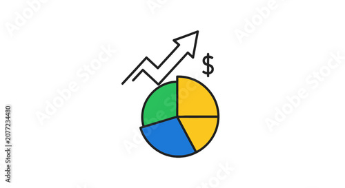 Financial pie chart with rising arrow and dollar symbol