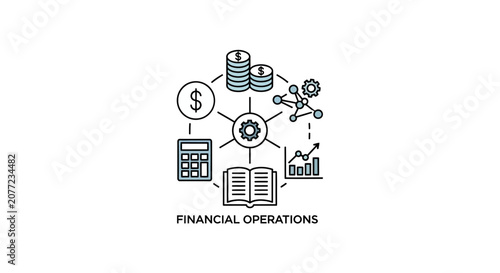 Financial operations icon cluster with accounting symbols.