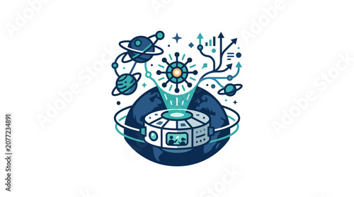 Futuristic space station and satellite network orbiting Earth.