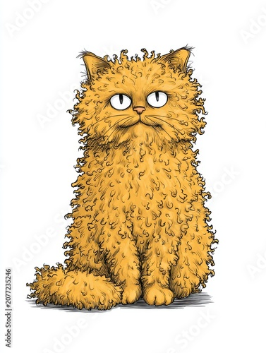 Illustration Of A Grumpy Fluffy Orange Cat Sitting Against A Plain White Background