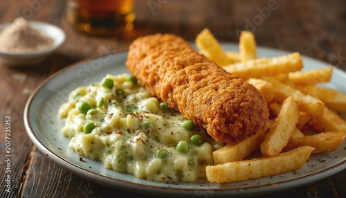 Fish fingers, mashed peas and chips fries. Traditional British fast food.