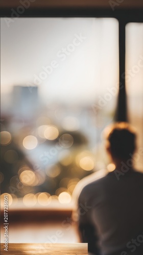 Sitting quietly by the window, lost in thoughts amidst a dreamy blur of lights