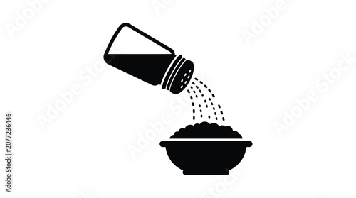Salt shaker pouring onto bowl black silhouette against white background seasoning spice