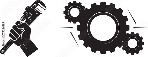 Tableau sur toile A clenched fist powerfully grips a wrench against a gear backdrop