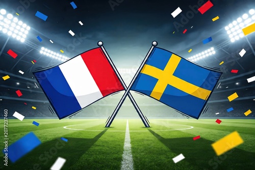 France Sweden Soccer Stadium Crossed Flags Confetti Night World Cup