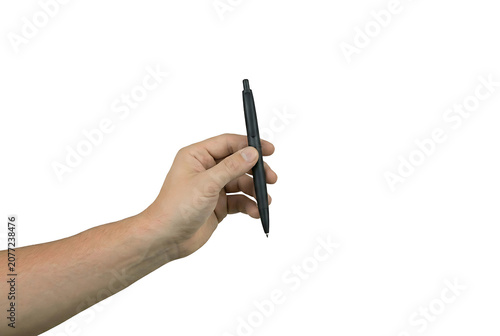 Hand man holding black ballpoint pen isolated on transparent PNG background