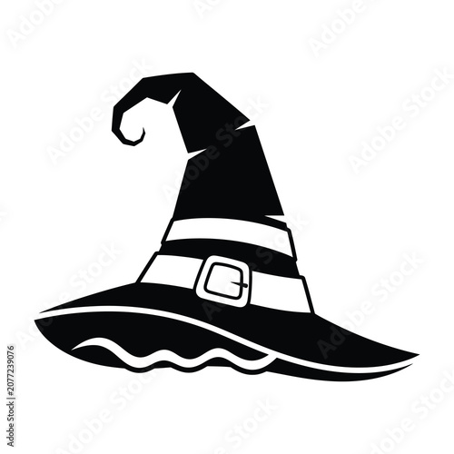 Black Witch Hat Icon with Pointy Top and Buckle Isolated on a Pure White Background