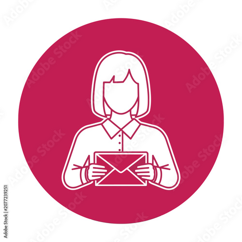 Woman holding envelope and looking professional in office setting with short hair